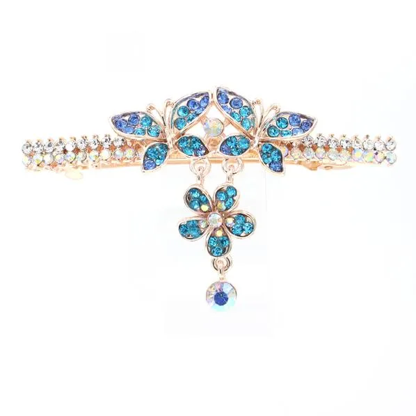 Gold Finish Butterfly Rhinestone Hair Barrette with Drop