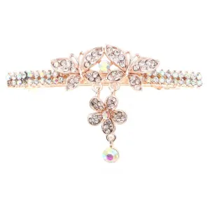 Gold Finish Butterfly Rhinestone Hair Barrette with Drop
