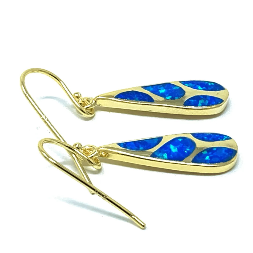 Gold Mosaic Teardrop Blue Opal Dangle Earrings