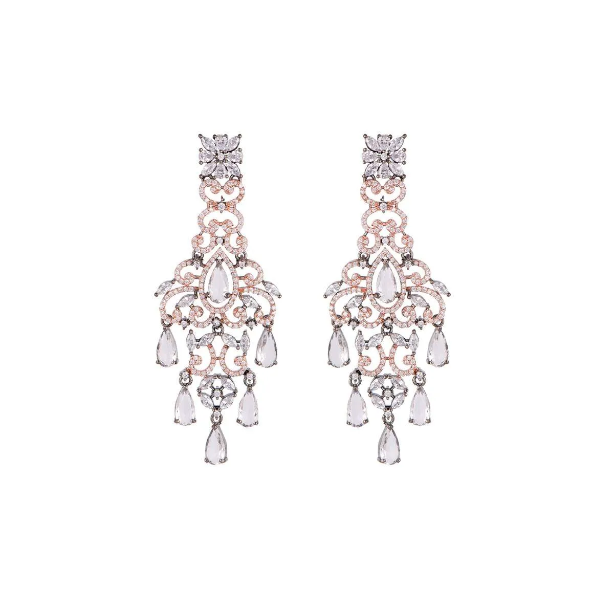 Grey Plated Chandelier Earrings With Faux Diamonds And Crystals By Aster