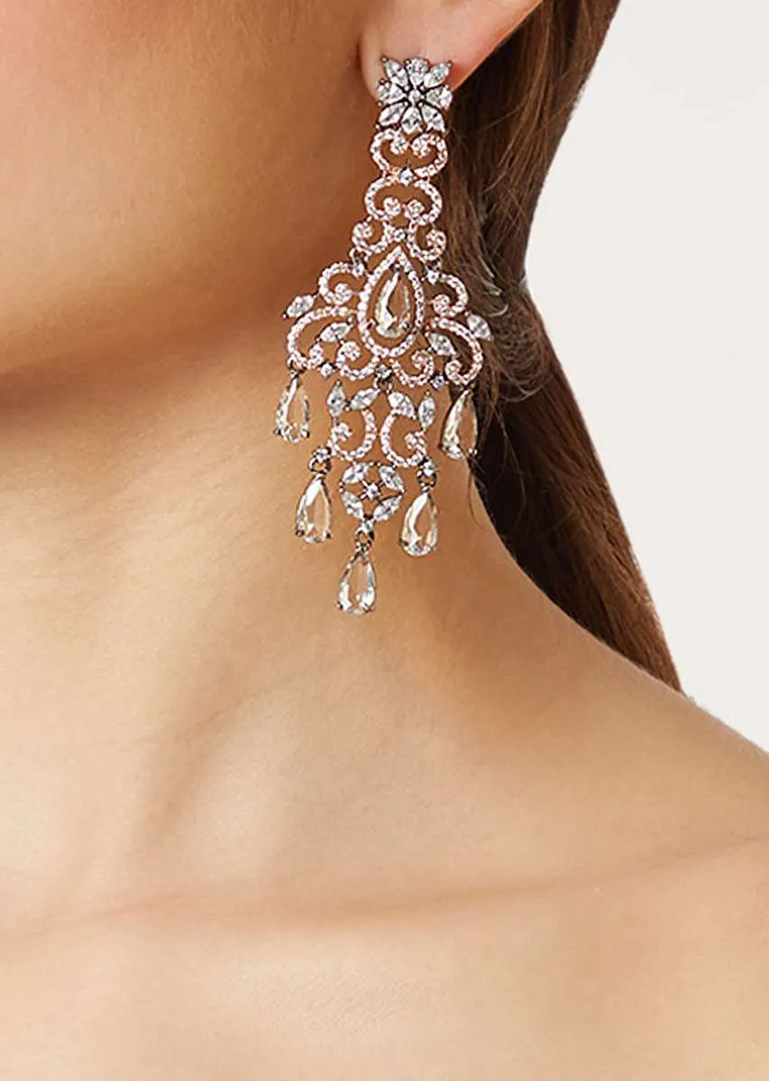 Grey Plated Chandelier Earrings With Faux Diamonds And Crystals By Aster
