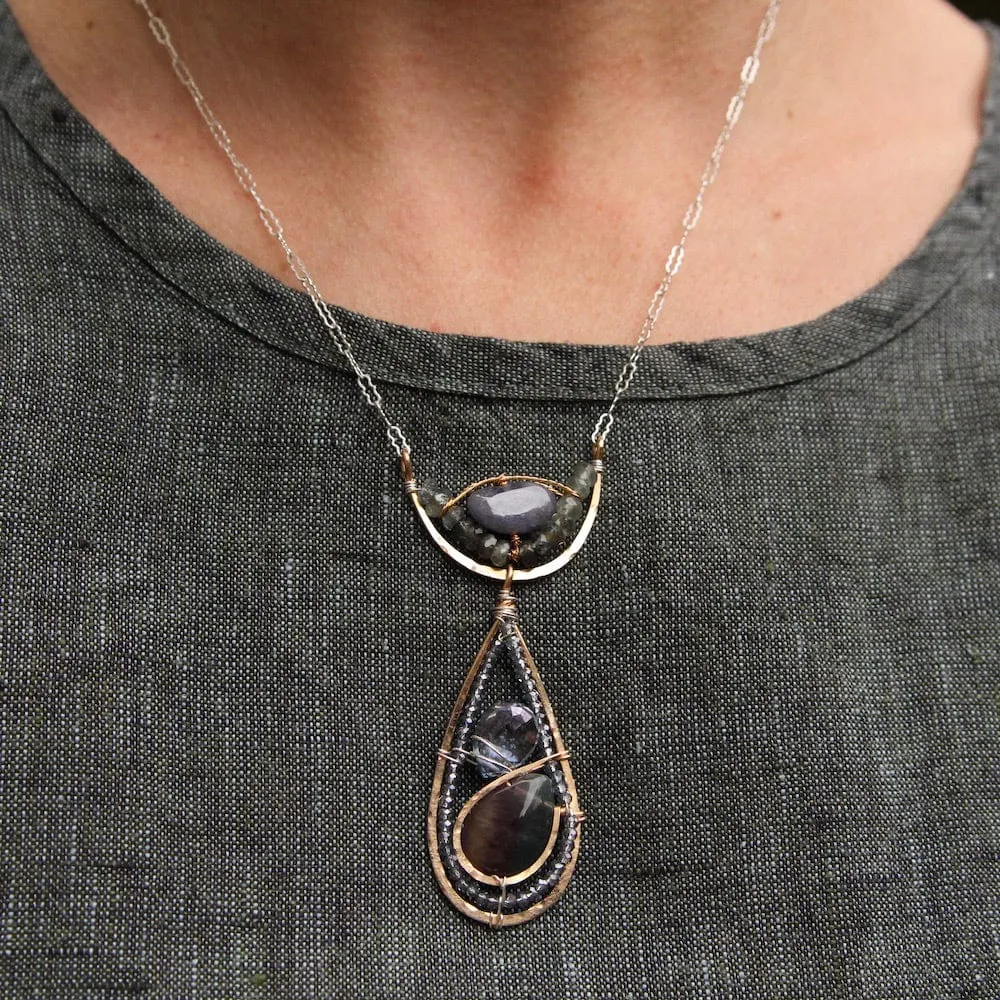 Hand Formed Bronze Arc and Teardrop Necklace
