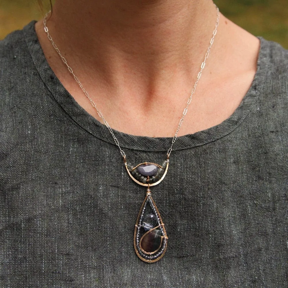 Hand Formed Bronze Arc and Teardrop Necklace