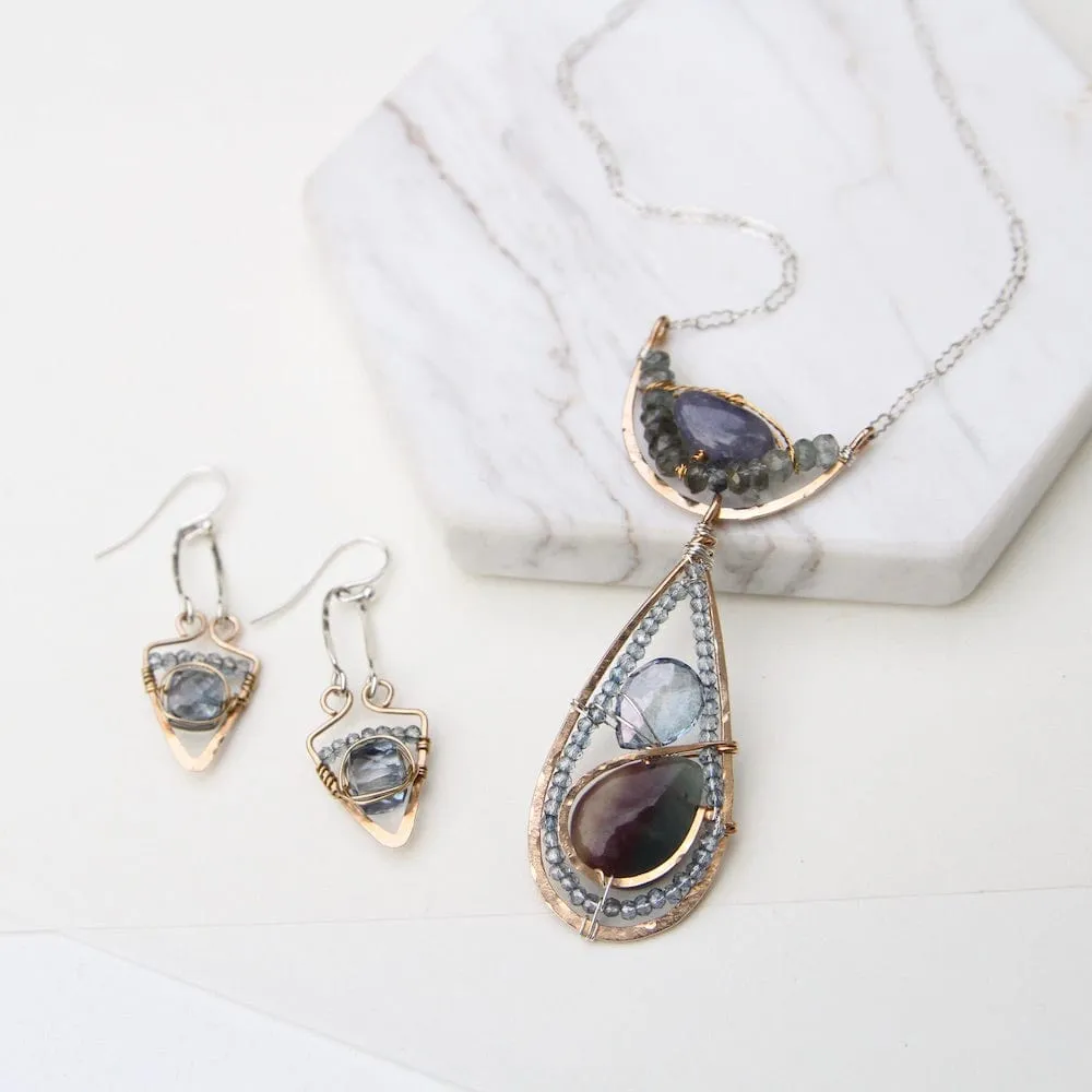 Hand Formed Bronze Arc and Teardrop Necklace