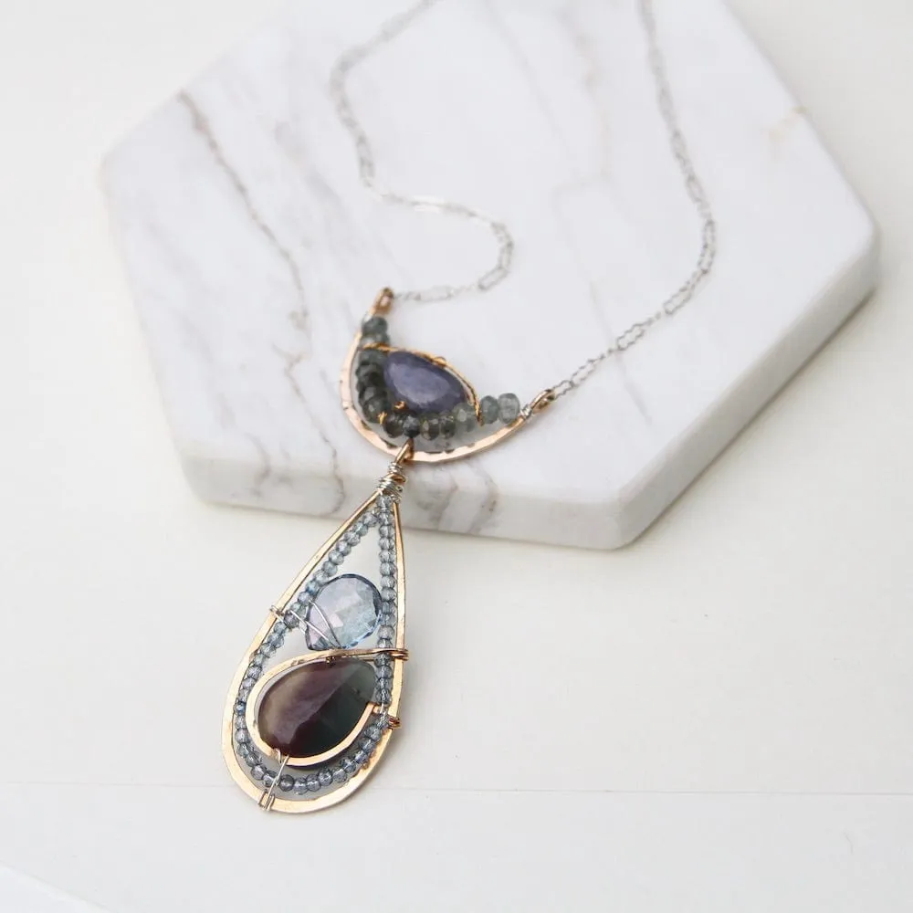 Hand Formed Bronze Arc and Teardrop Necklace