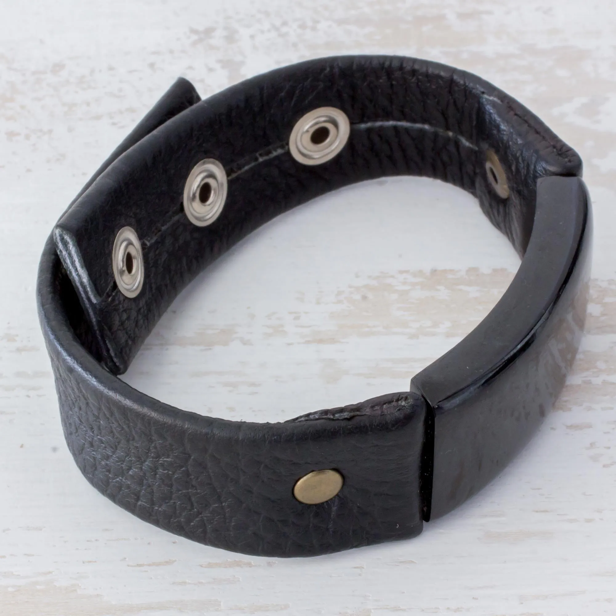 Jade and Leather Wristband Bracelet from Guatemala - Black Fortress | NOVICA