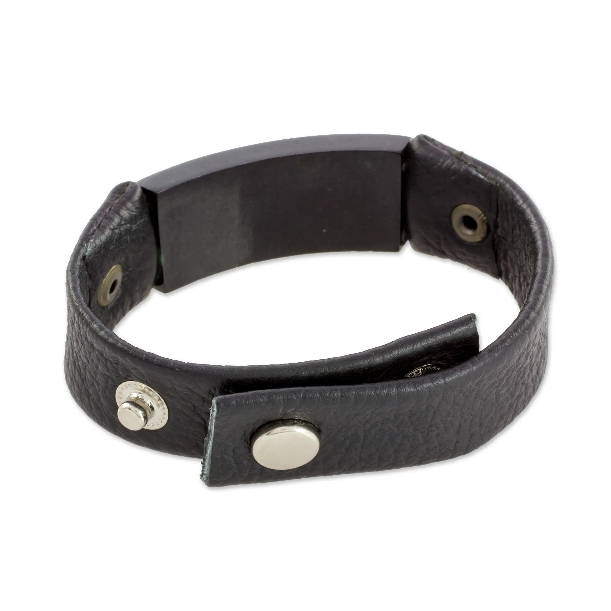 Jade and Leather Wristband Bracelet from Guatemala - Black Fortress | NOVICA