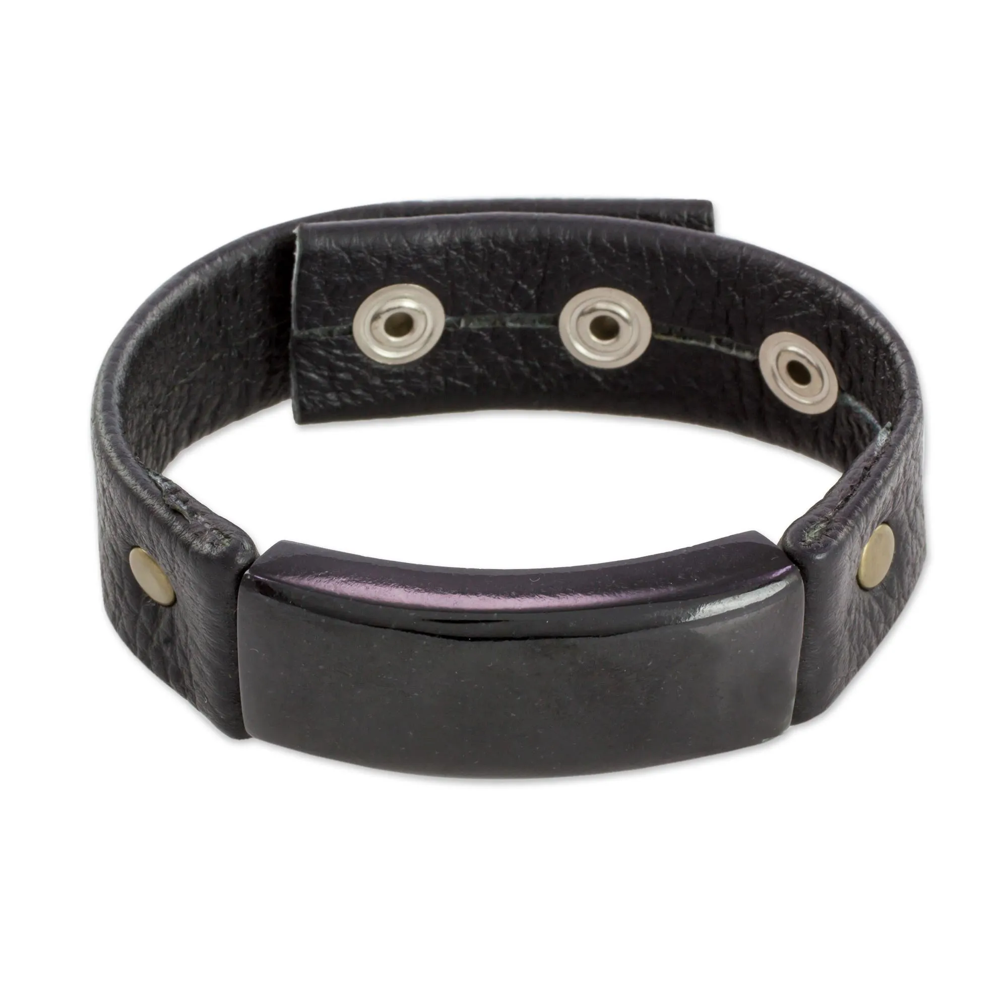 Jade and Leather Wristband Bracelet from Guatemala - Black Fortress | NOVICA