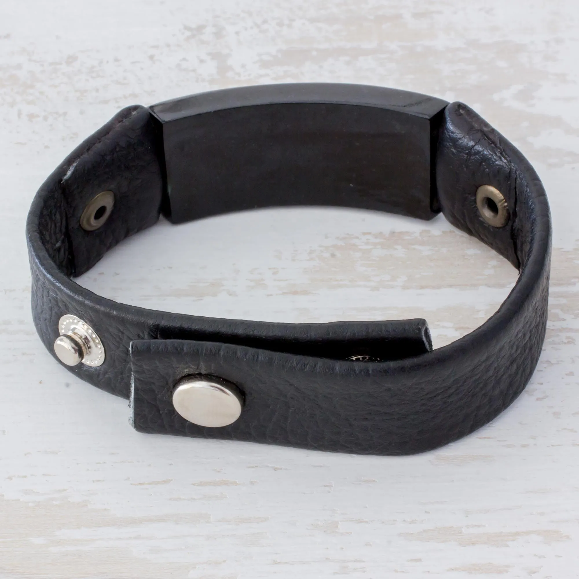 Jade and Leather Wristband Bracelet from Guatemala - Black Fortress | NOVICA