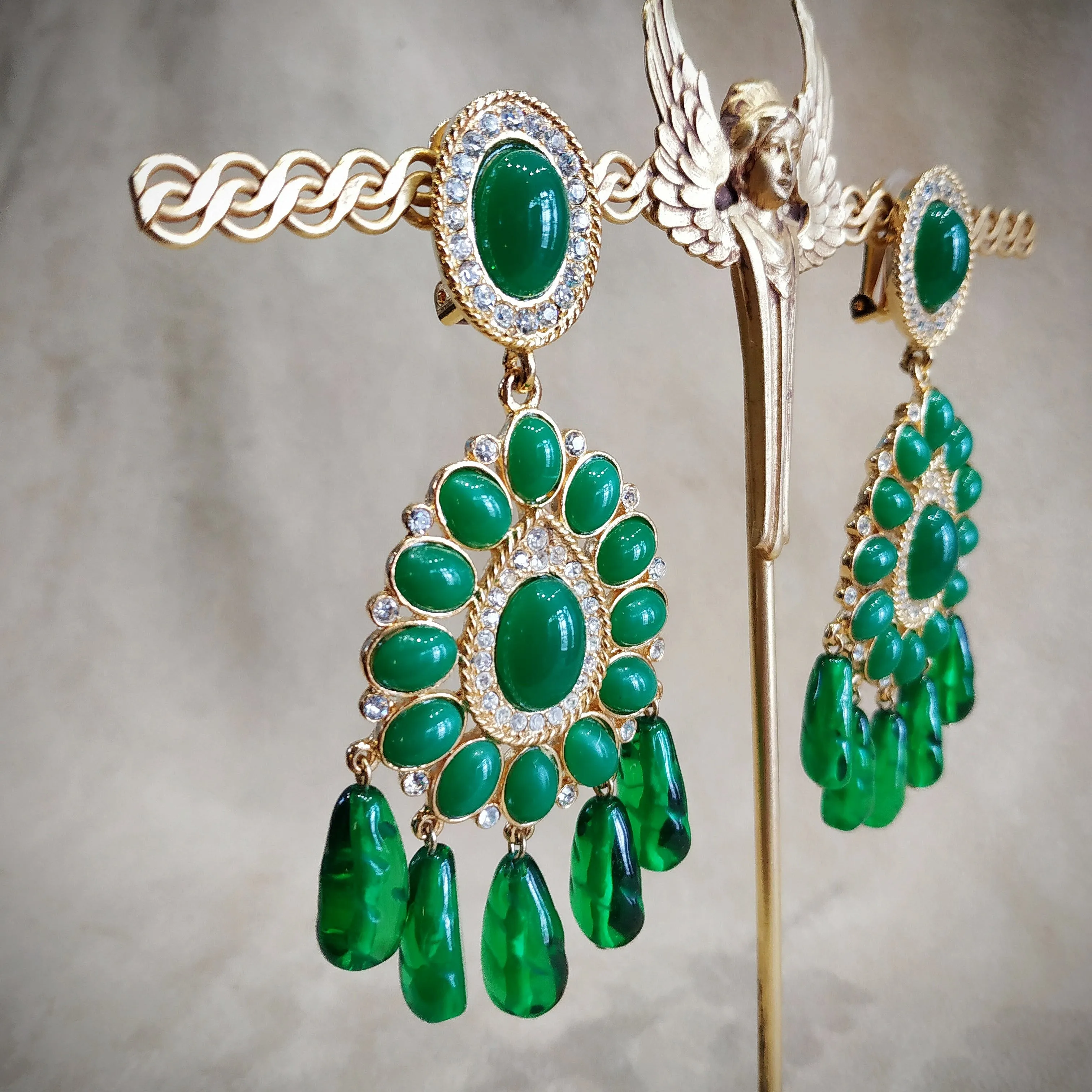 Kenneth Jay Lane. Jade Green glass Chandelier Vintage Clip on Earrings