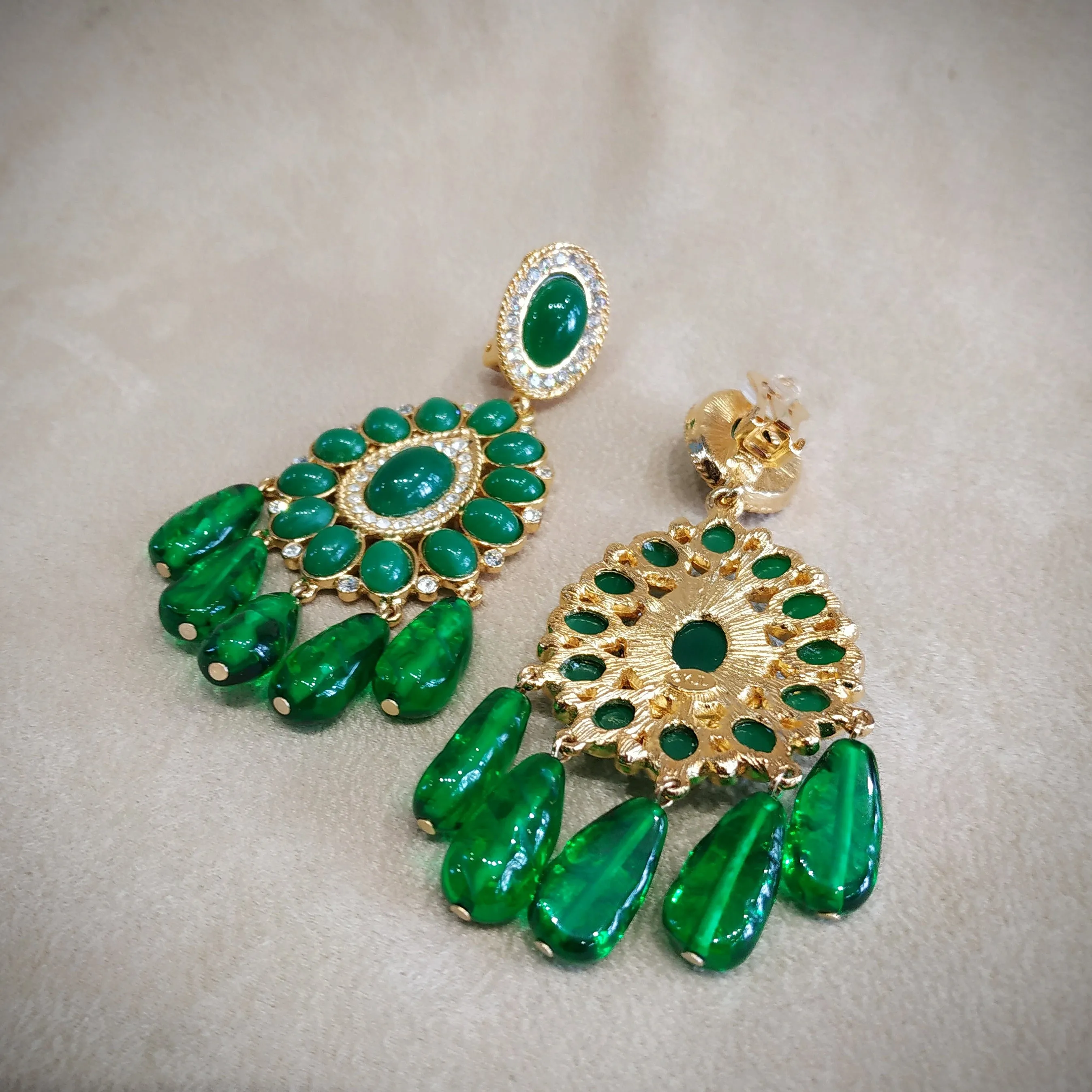 Kenneth Jay Lane. Jade Green glass Chandelier Vintage Clip on Earrings