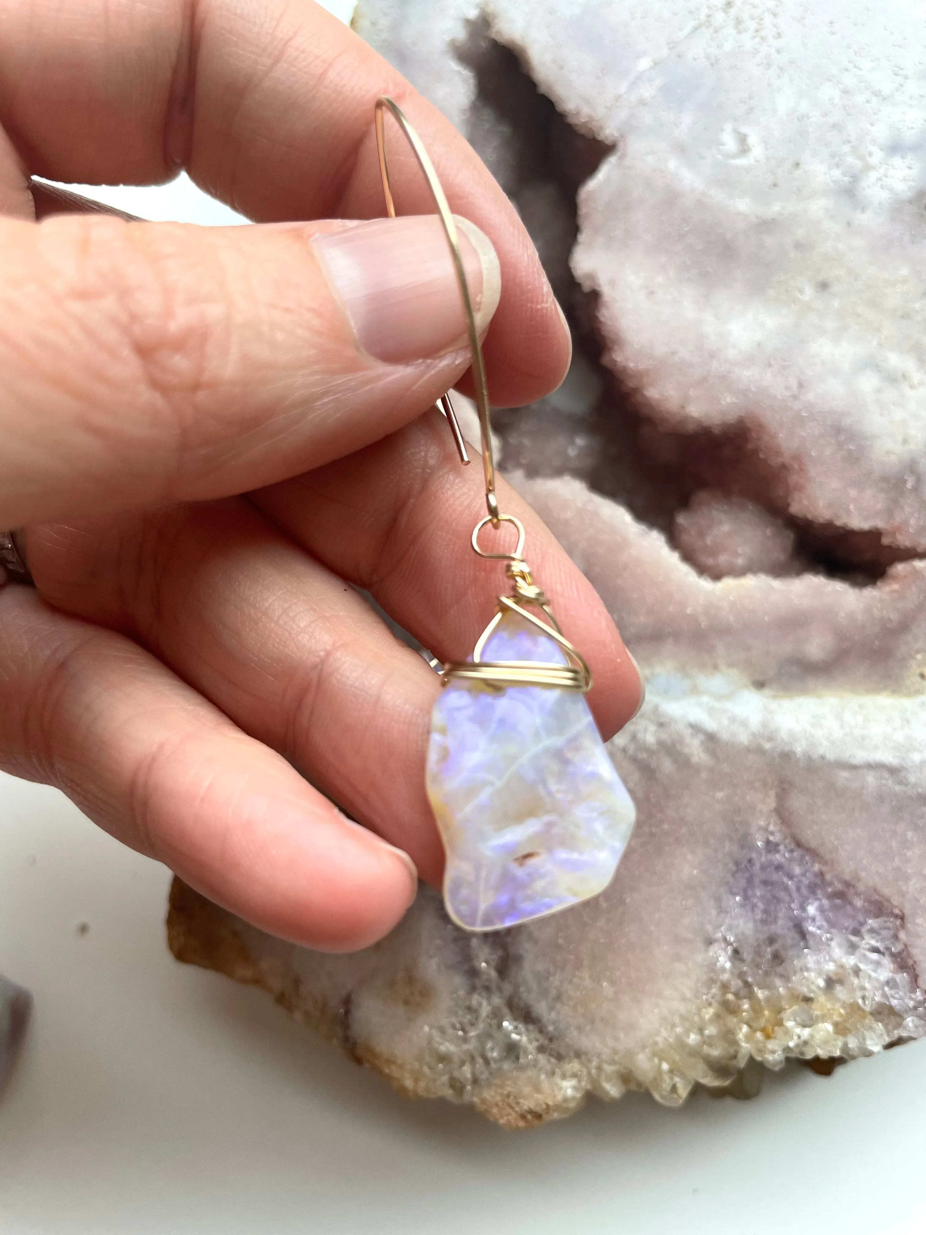 Large Australian Opal Dangle  Earrings Gold Filled