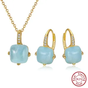 LOLO  Jewelry 925 Sterling Silver Natural Aquamarine Earrings Necklace Ring Set 14K Gold Plated  Jewelry Set for Women Gift.