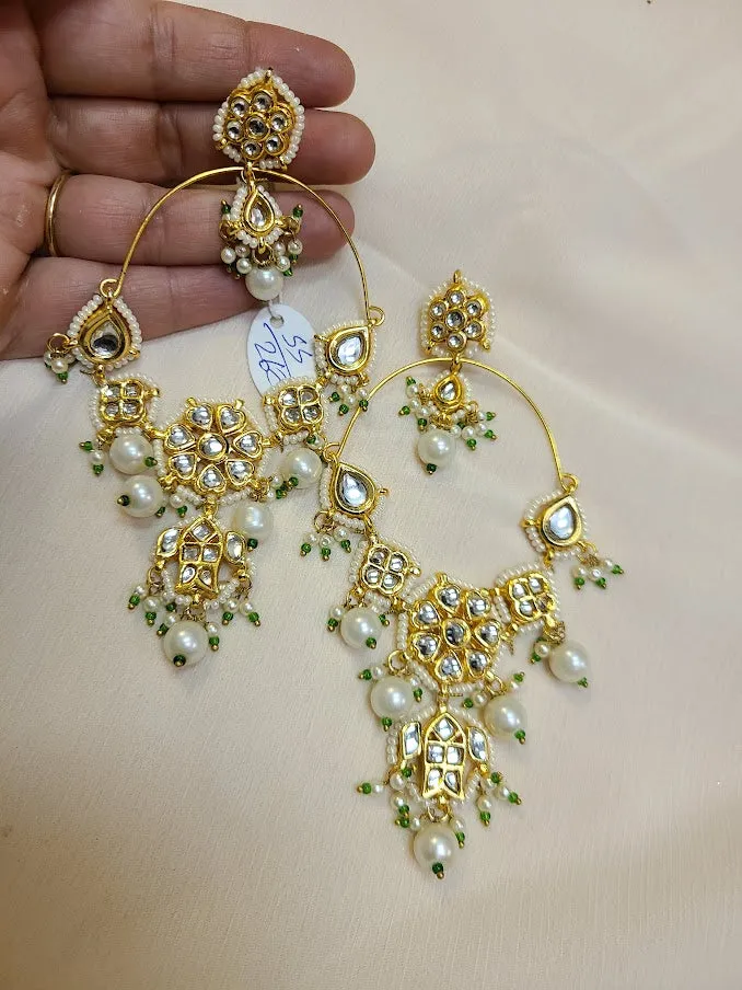 Long Statement Floral Kundan and Pearl Bali  earrings in White