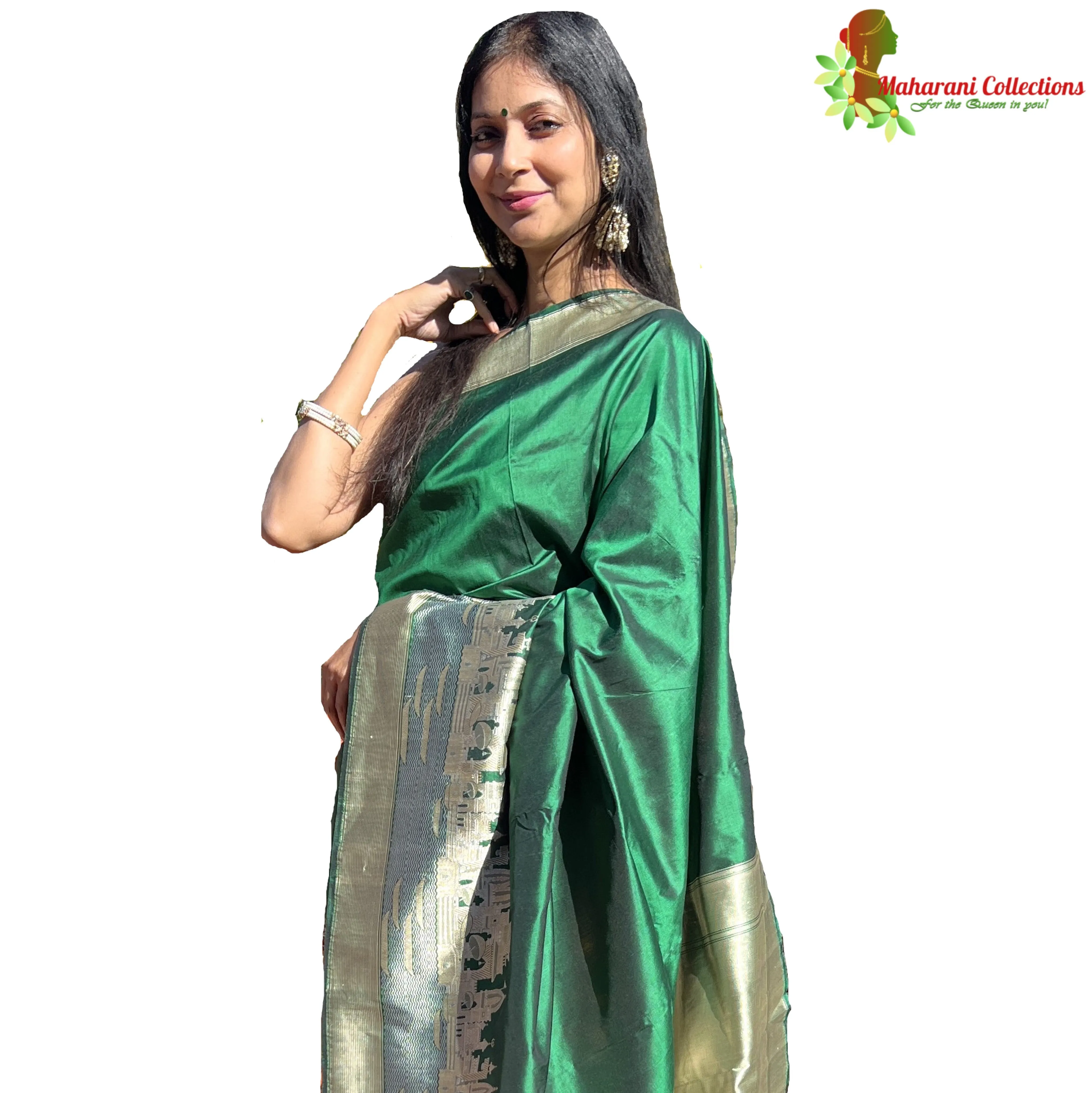 Maharani's Pure Banarasi Silk Saree - Bottle Green (with stitched Petticoat)