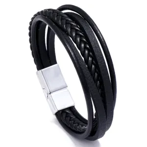Men's Retro Multi-layer Leather Woven Bracelet With Magnetic Buckle