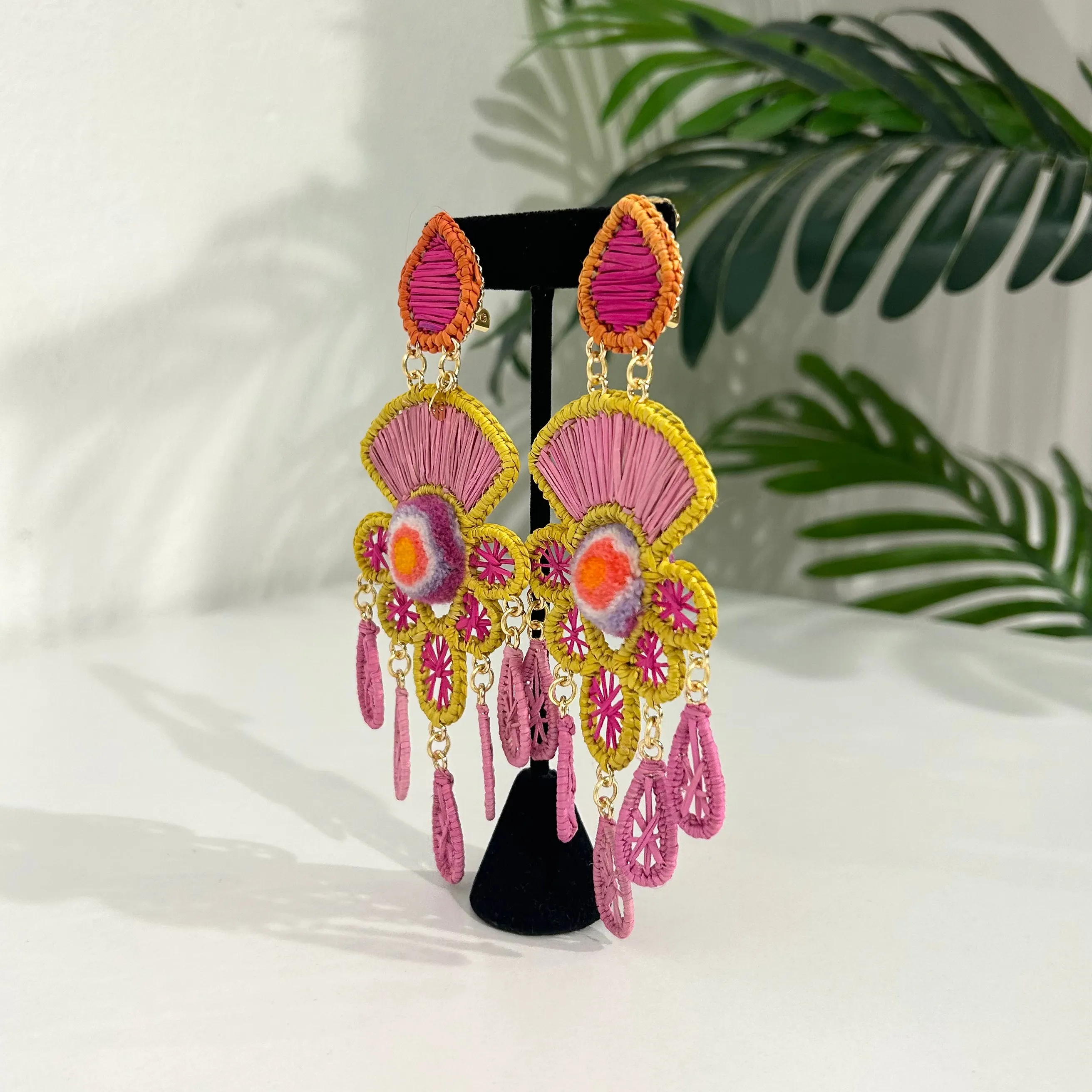 Mercedes Salazar Pink & Yellow Raffia Earrings