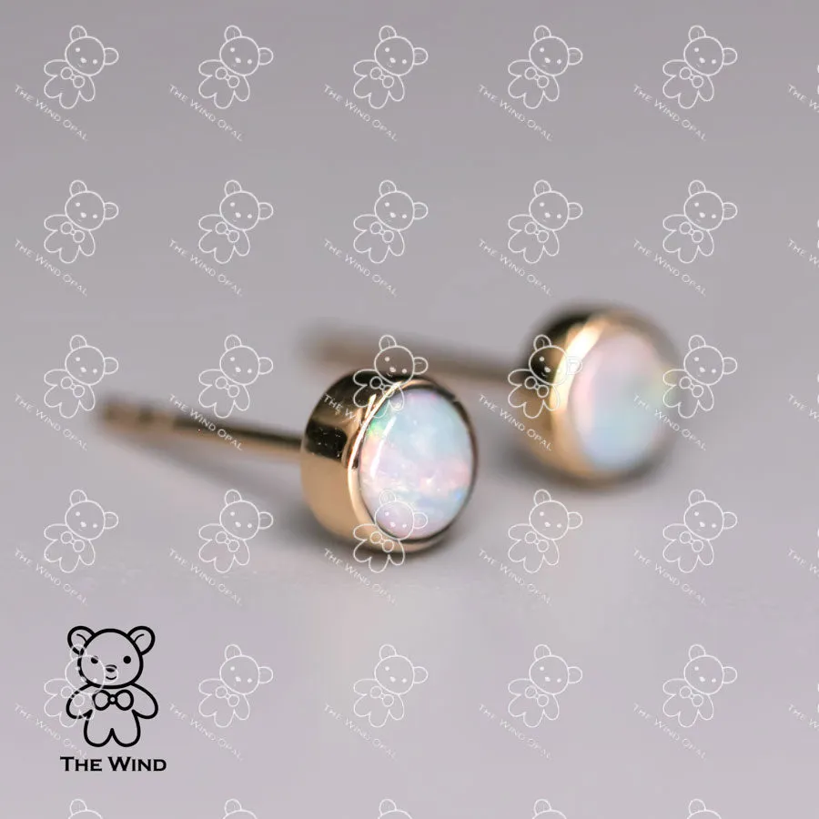Minimalist Australian Solid Opal Round Stud Earrings 18K Yellow Gold