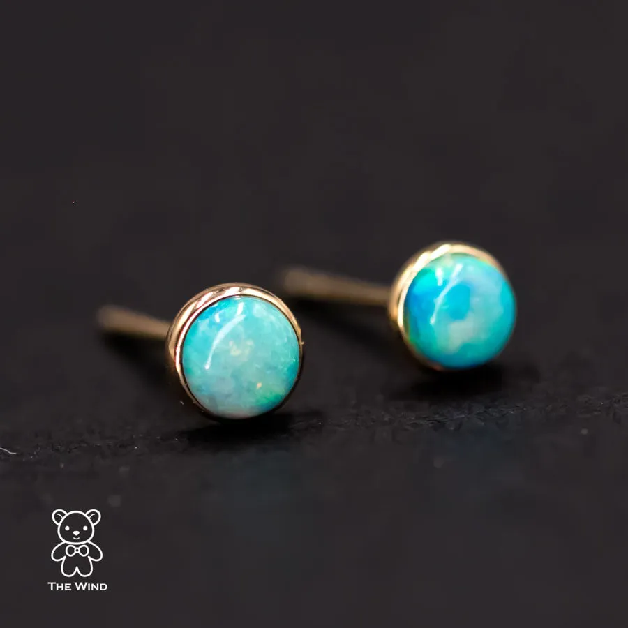 Minimalist Australian Solid Opal Round Stud Earrings 18K Yellow Gold