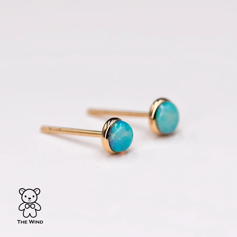 Minimalist Australian Solid Opal Round Stud Earrings 18K Yellow Gold