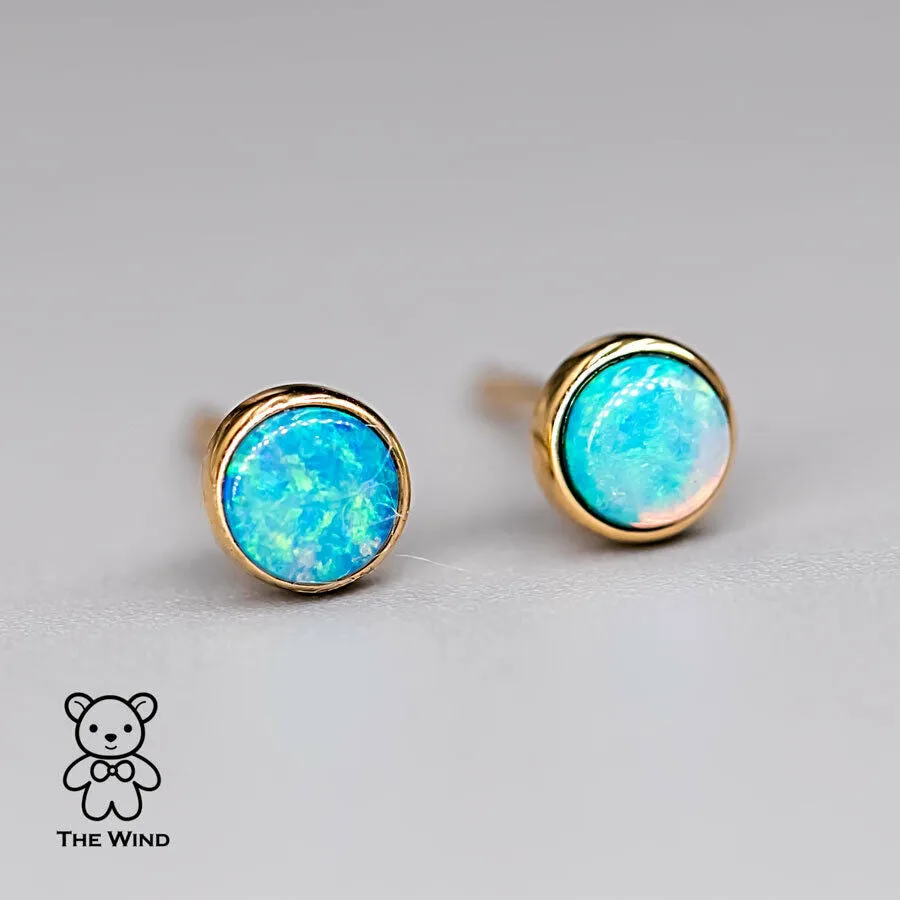 Minimalist Australian Solid Opal Round Stud Earrings 18K Yellow Gold