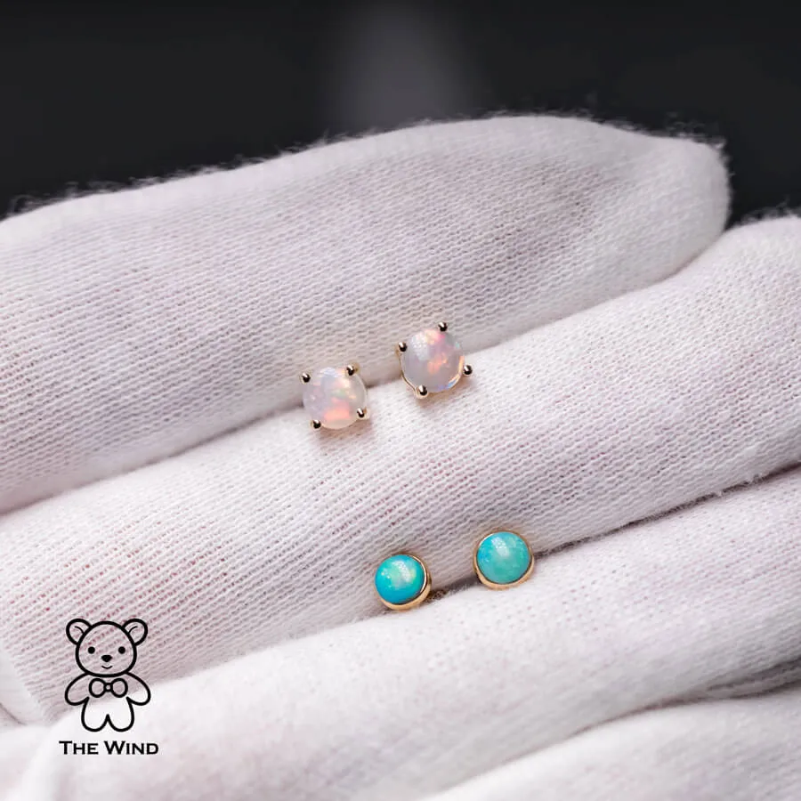 Minimalist Australian Solid Opal Round Stud Earrings 18K Yellow Gold