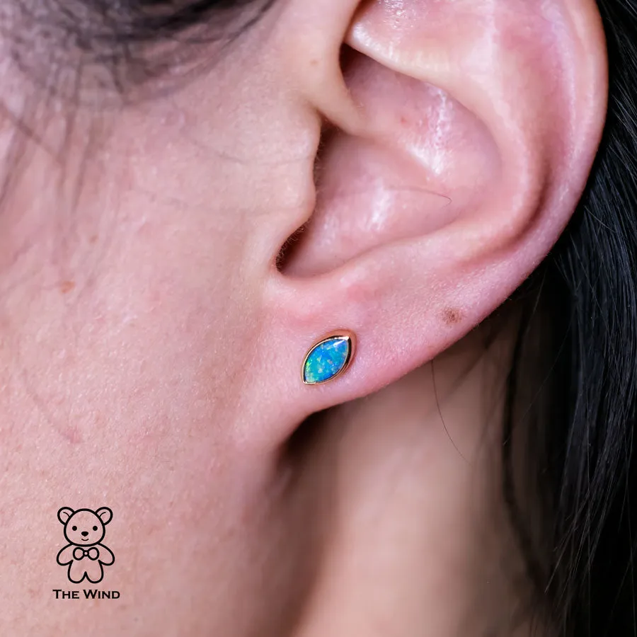 Minimalist Marquise Shaped Australian Doublet Opal Stud Earrings 18K Yellow Gold