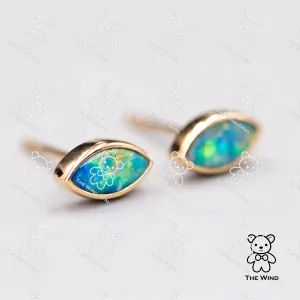 Minimalist Marquise Shaped Australian Doublet Opal Stud Earrings 18K Yellow Gold