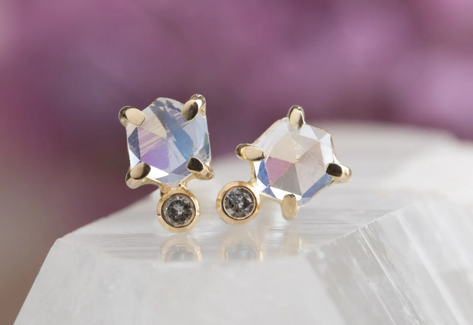 Moonstone Hexagon   Diamond Stud Earrings