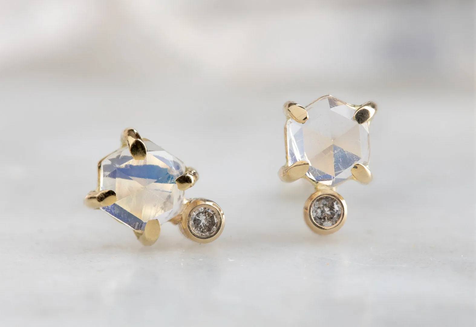 Moonstone Hexagon   Diamond Stud Earrings