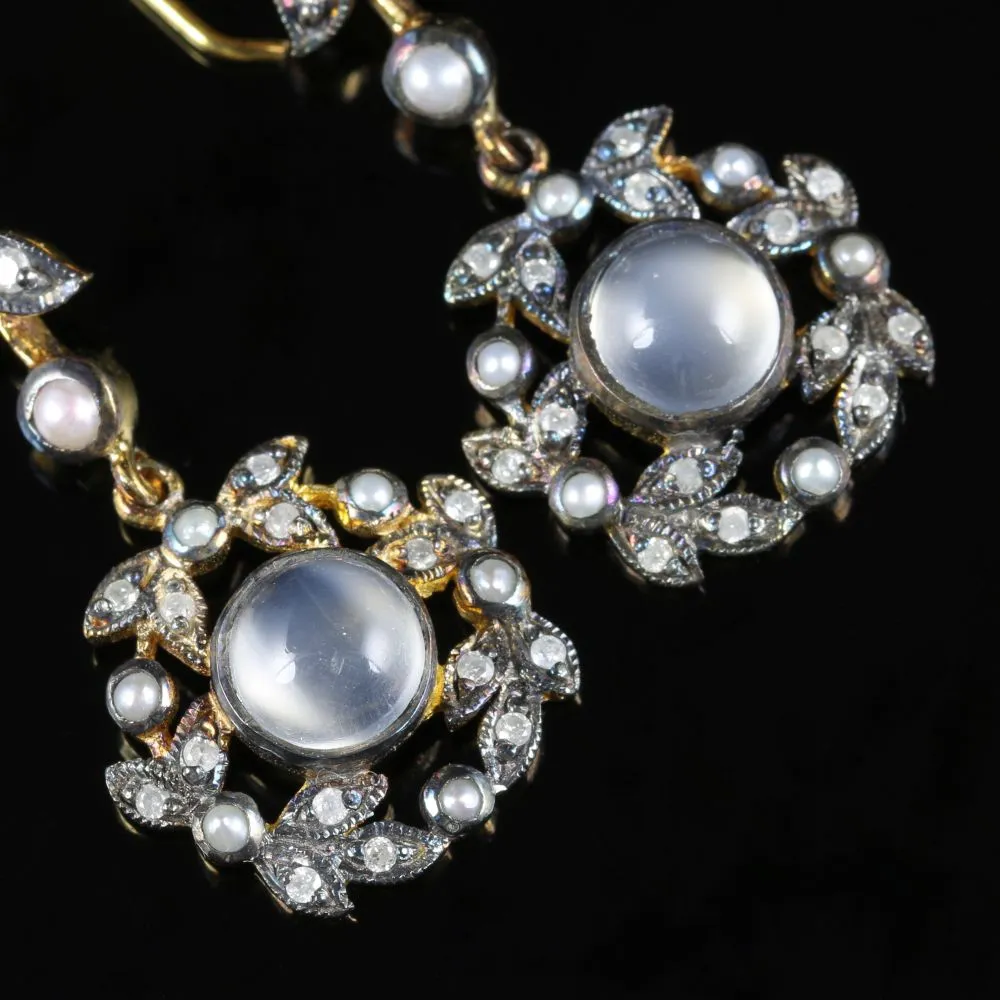 Moonstone Pearl Diamond Earrings 18Ct Yellow Gold Silver