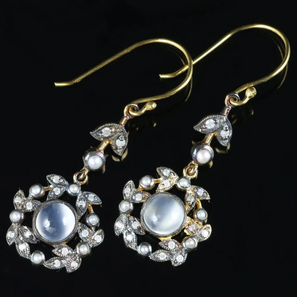 Moonstone Pearl Diamond Earrings 18Ct Yellow Gold Silver