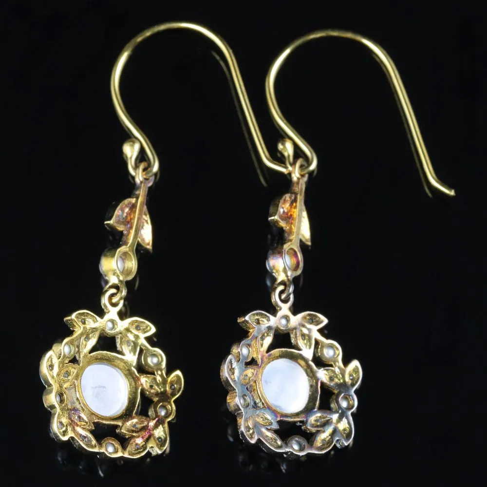 Moonstone Pearl Diamond Earrings 18Ct Yellow Gold Silver