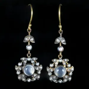 Moonstone Pearl Diamond Earrings 18Ct Yellow Gold Silver