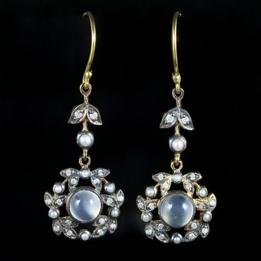 Moonstone Pearl Diamond Earrings 18Ct Yellow Gold Silver