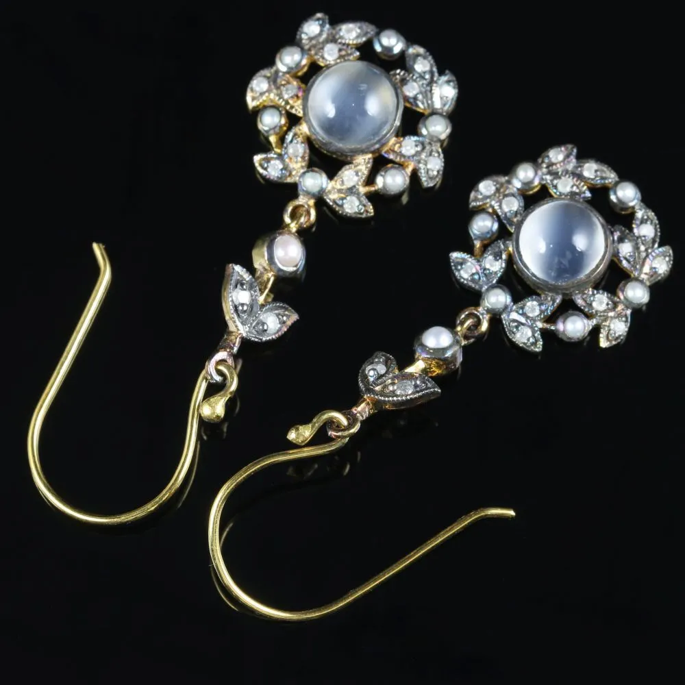 Moonstone Pearl Diamond Earrings 18Ct Yellow Gold Silver