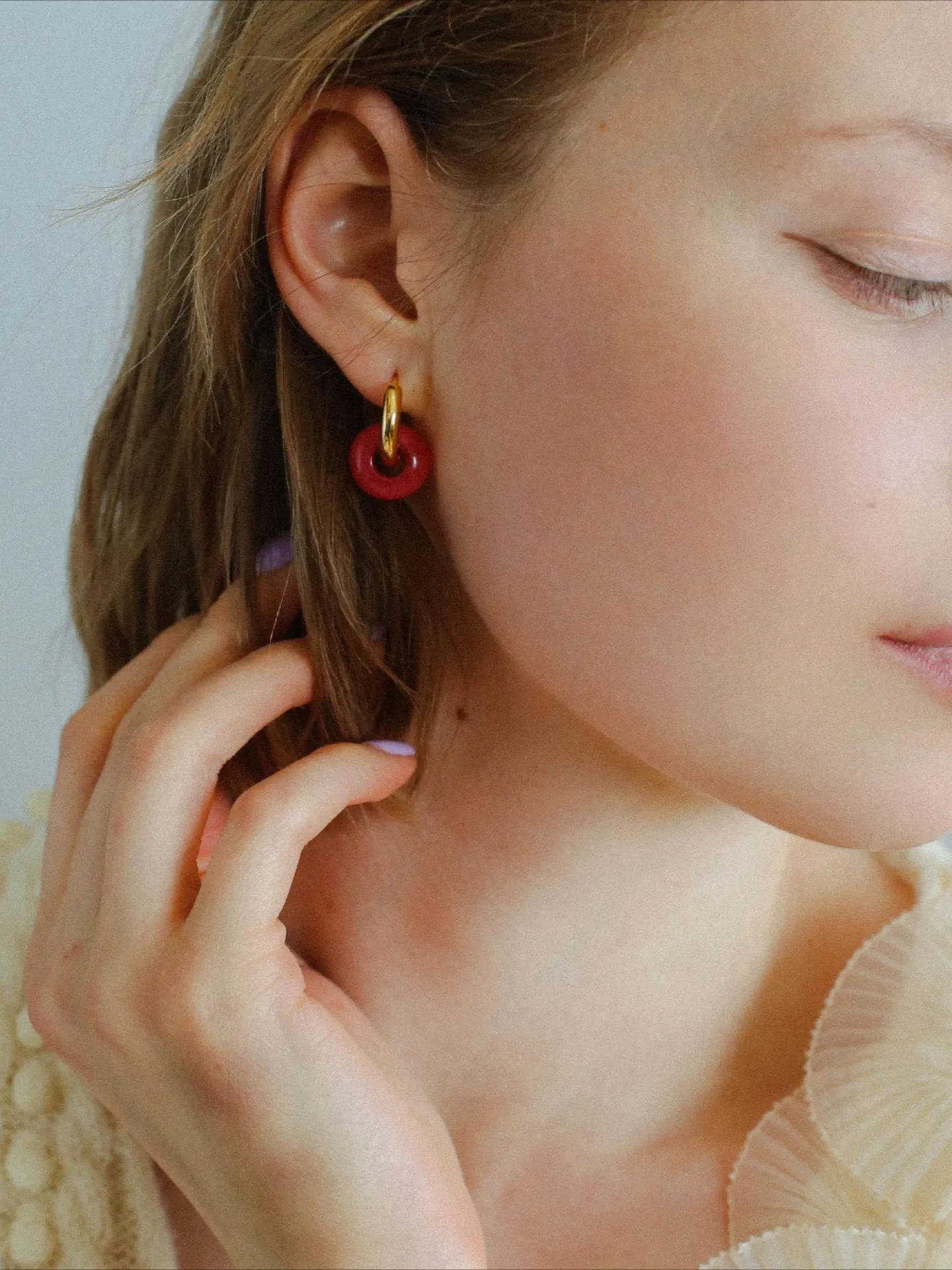 Natural Jade Stone Aqua and Rose Donut Hoops Earrings