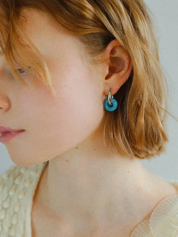 Natural Jade Stone Aqua and Rose Donut Hoops Earrings