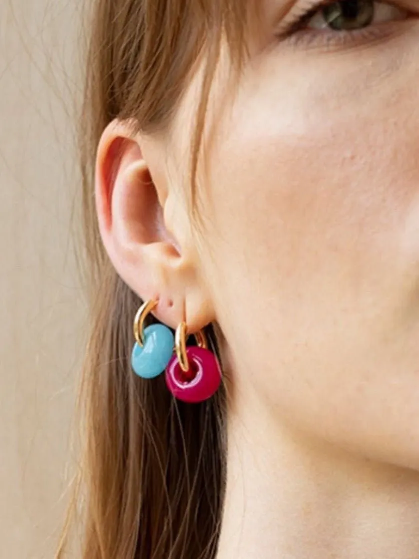 Natural Jade Stone Aqua and Rose Donut Hoops Earrings