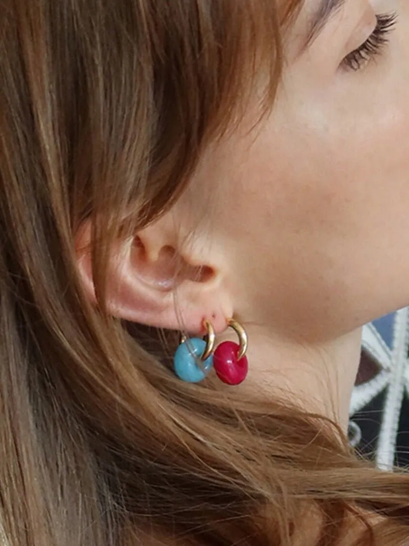 Natural Jade Stone Aqua and Rose Donut Hoops Earrings