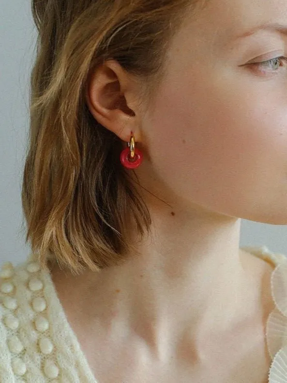 Natural Jade Stone Aqua and Rose Donut Hoops Earrings