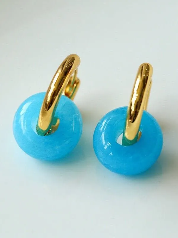 Natural Jade Stone Aqua and Rose Donut Hoops Earrings
