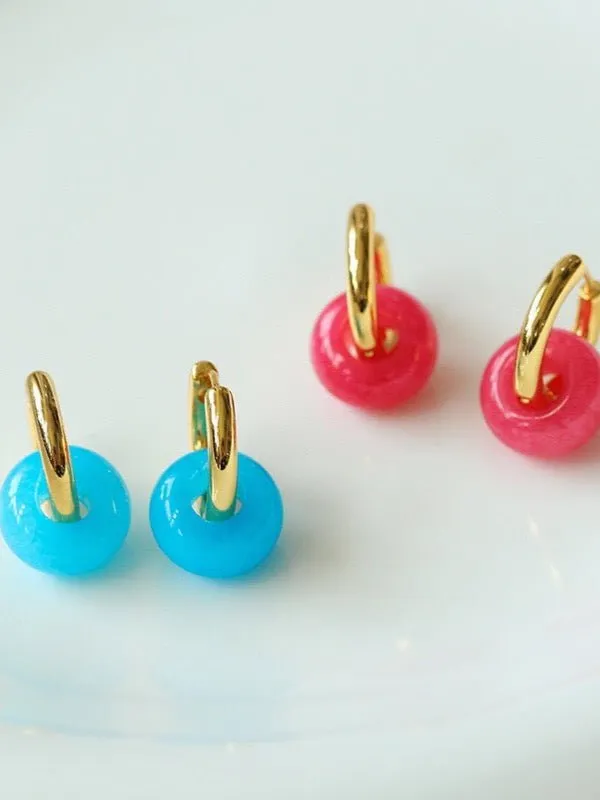 Natural Jade Stone Aqua and Rose Donut Hoops Earrings