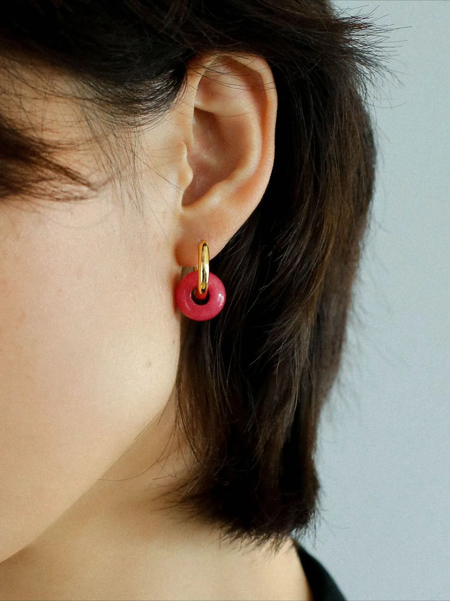 Natural Jade Stone Aqua and Rose Donut Hoops Earrings