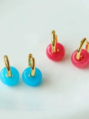 Natural Jade Stone Aqua and Rose Donut Hoops Earrings