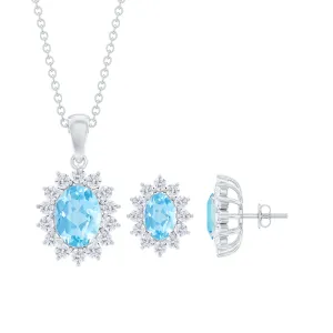 Oval Cut Aquamarine and Moissanite Halo Pendant Earrings Set