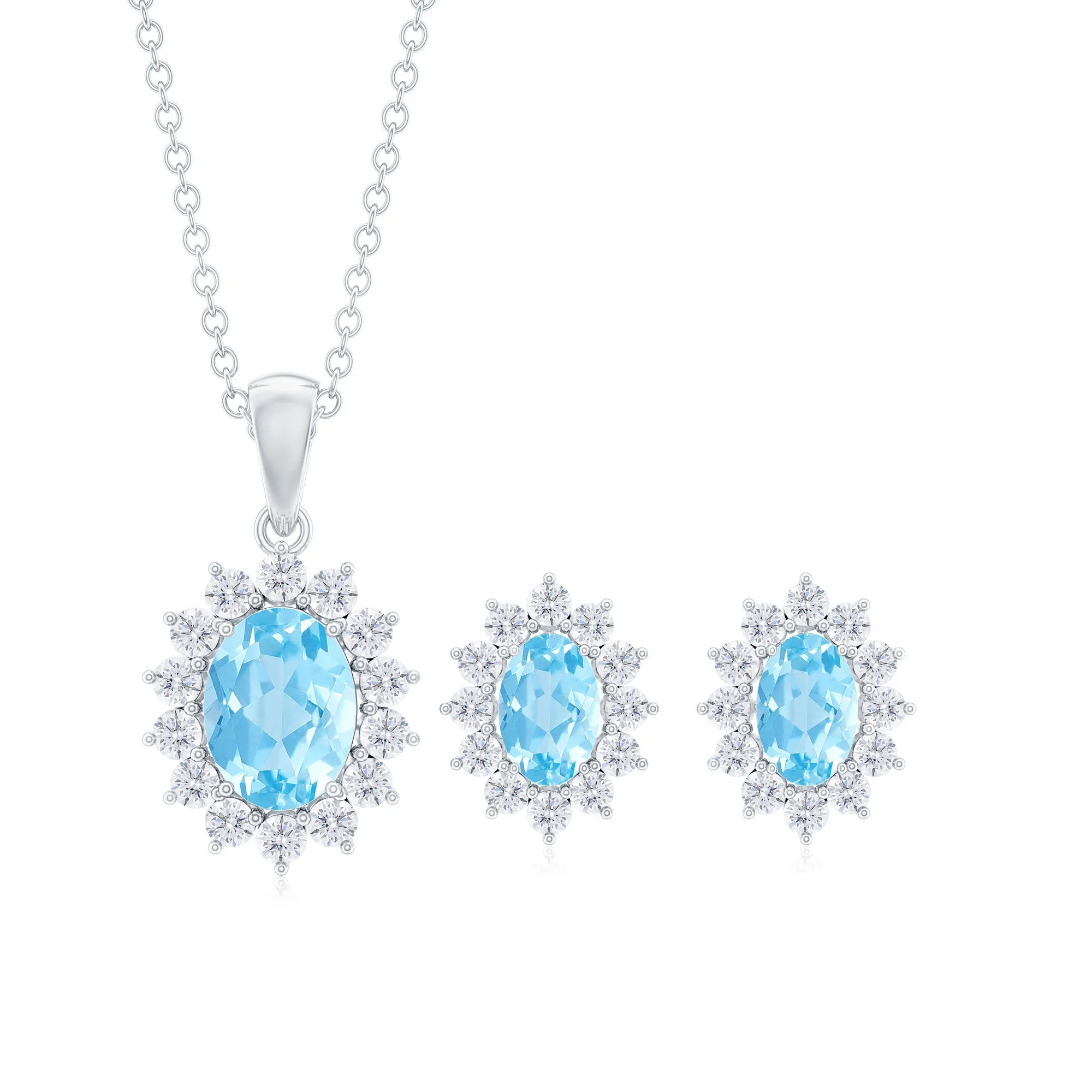 Oval Cut Aquamarine and Moissanite Halo Pendant Earrings Set