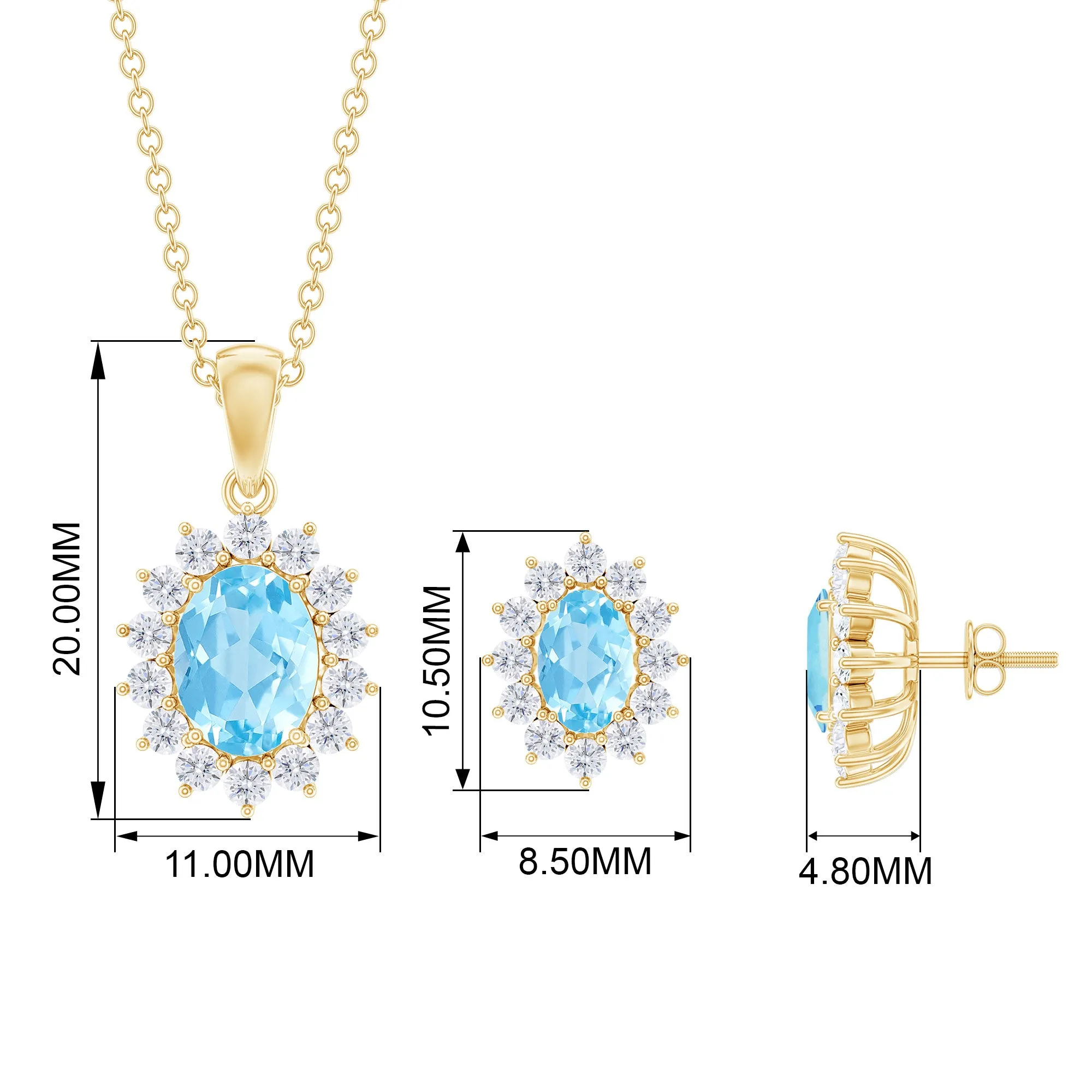 Oval Cut Aquamarine and Moissanite Halo Pendant Earrings Set