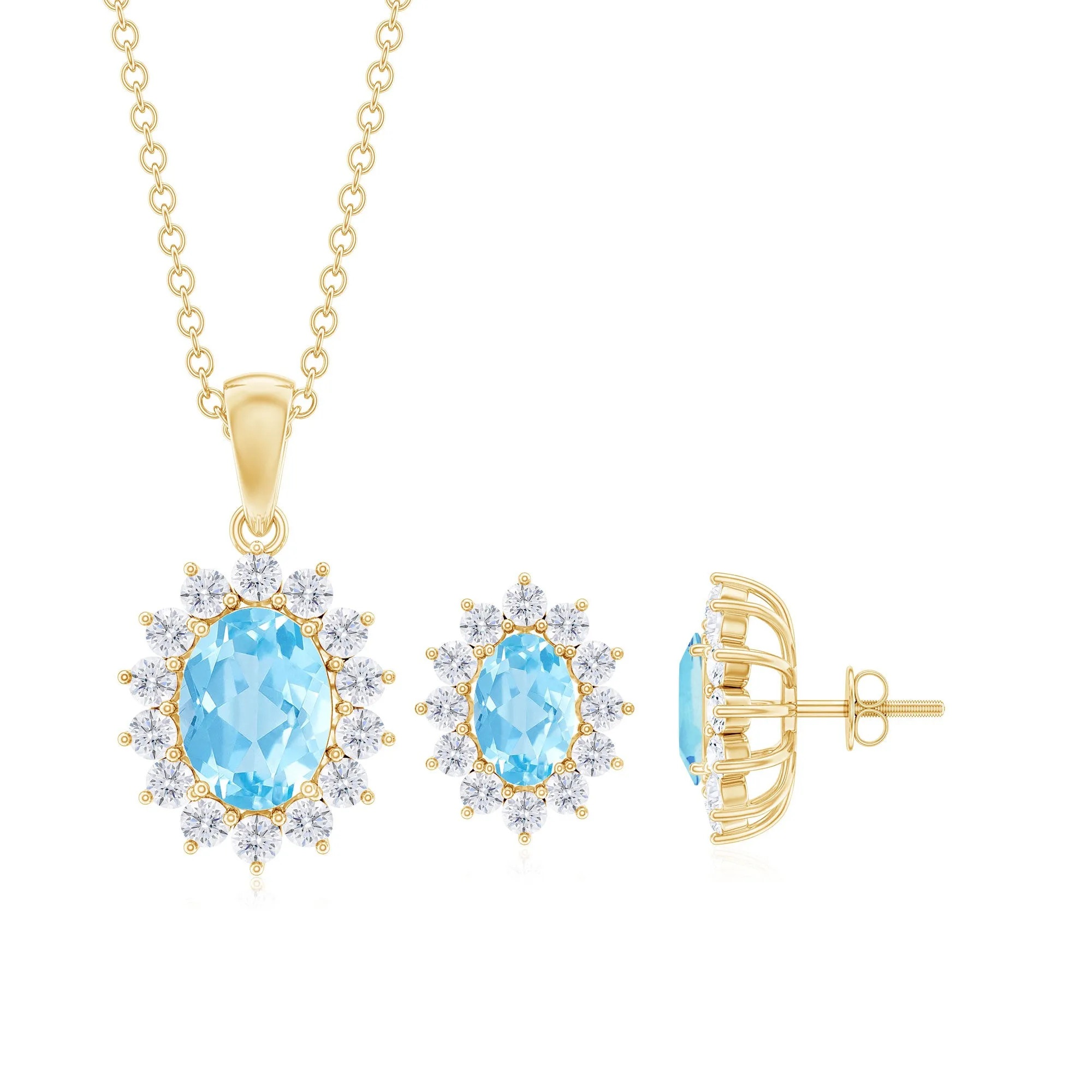 Oval Cut Aquamarine and Moissanite Halo Pendant Earrings Set