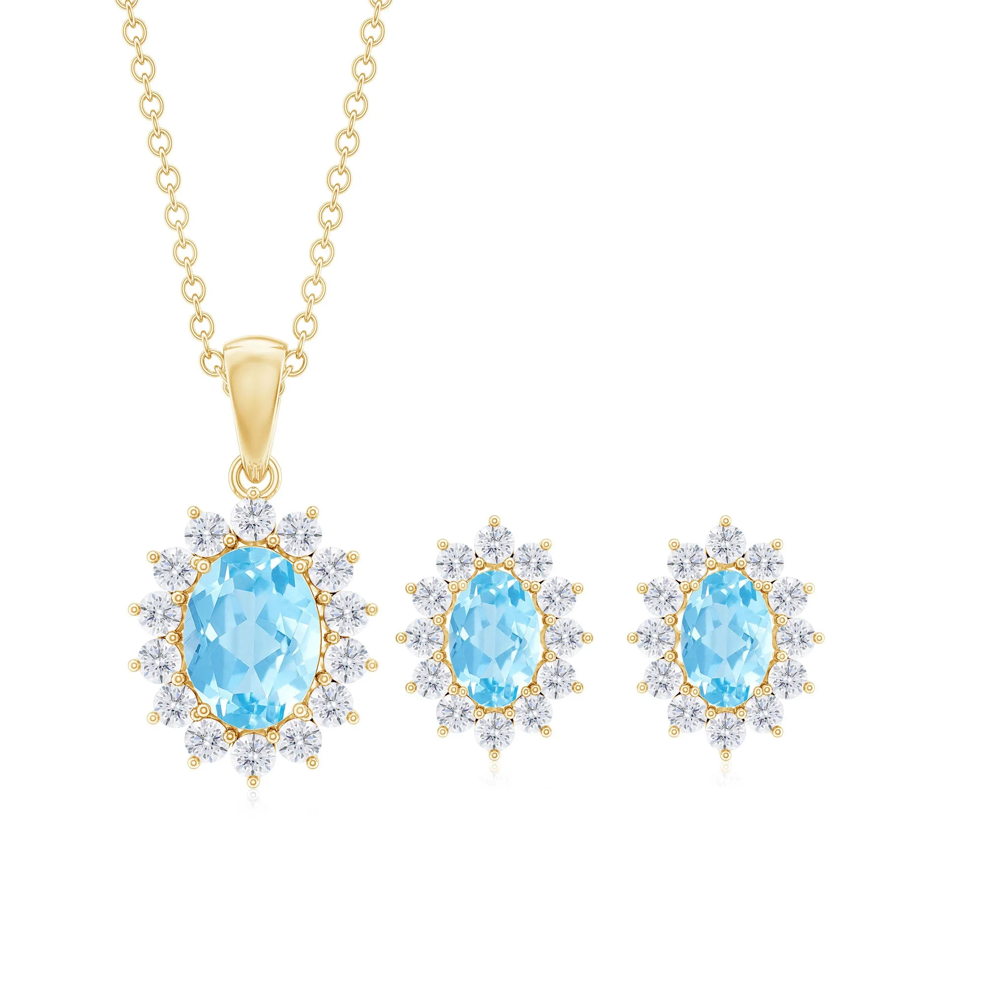 Oval Cut Aquamarine and Moissanite Halo Pendant Earrings Set